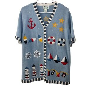 The Quaker Factory Nautical‎ Cardigan Sweater L Blue Anchor Boats Lighthouses